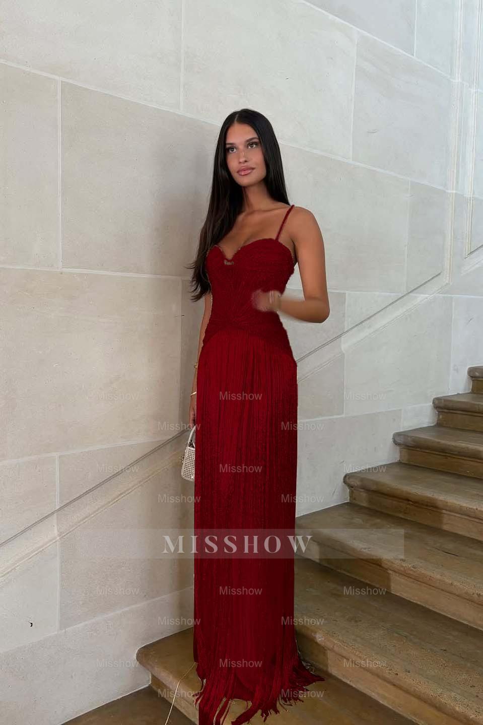 Spaghetti straps Sleeveless Long Formal Dress With Beading Tassel