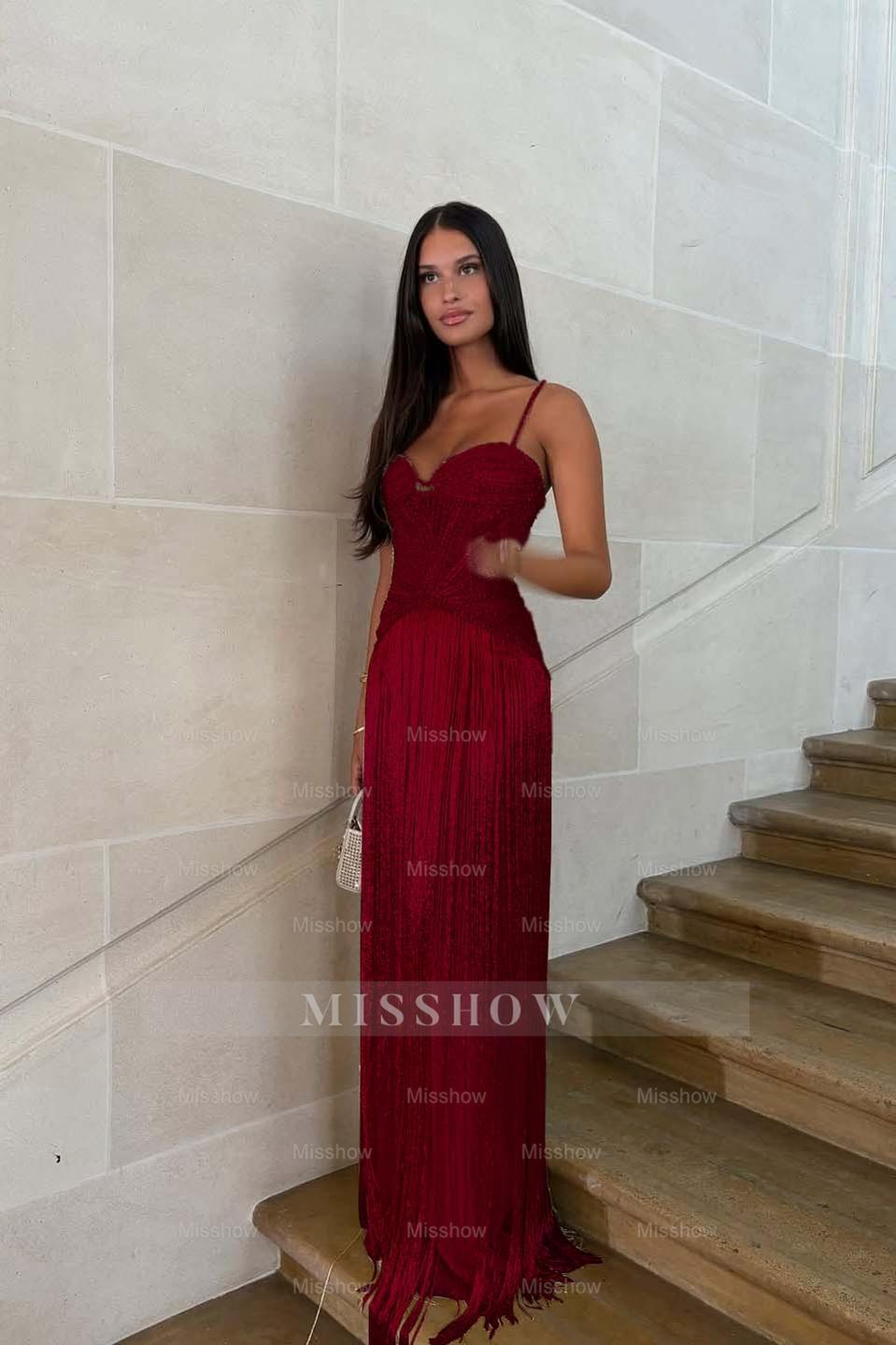 Spaghetti straps Sleeveless Long Formal Dress With Beading Tassel