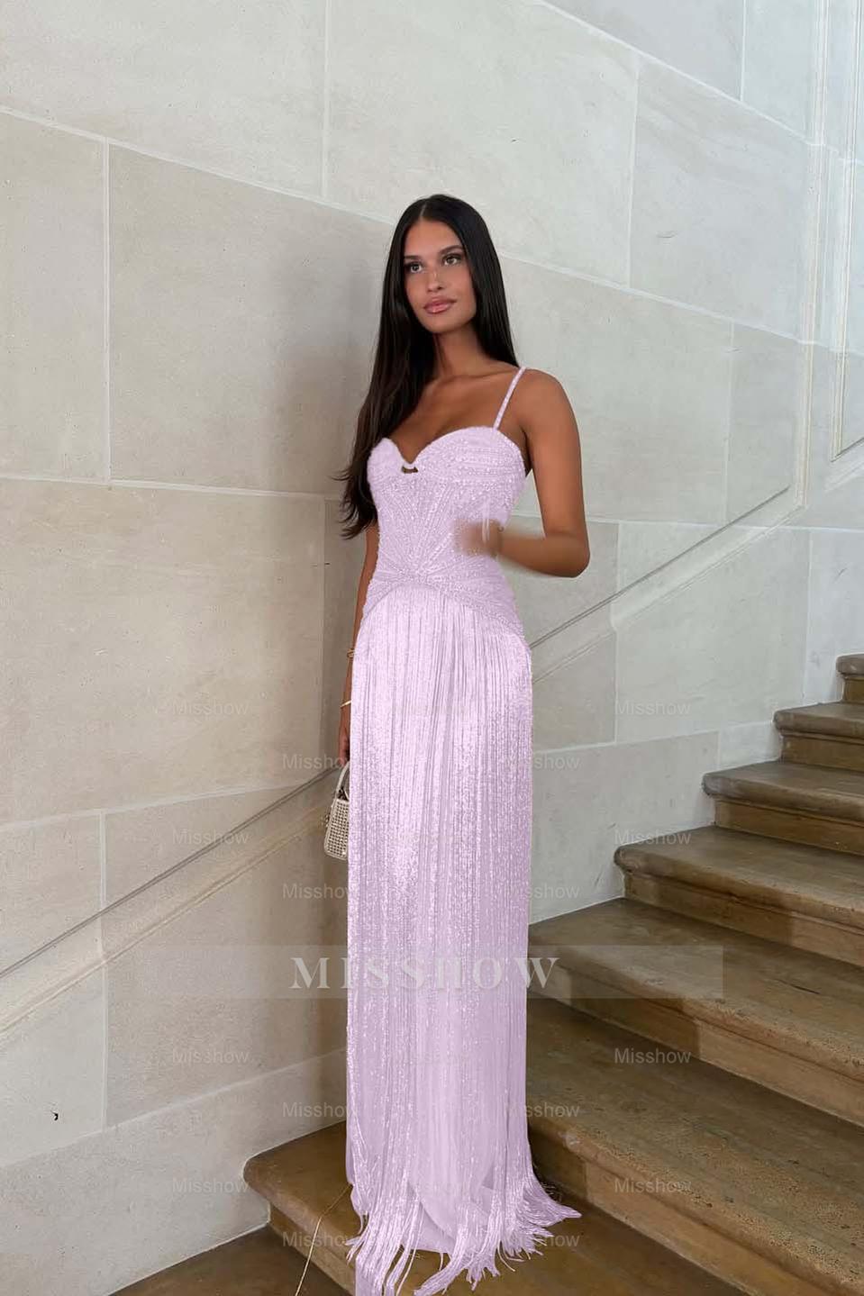 Spaghetti straps Sleeveless Long Formal Dress With Beading Tassel