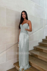 Spaghetti straps Sleeveless Long Formal Dress With Beading Tassel
