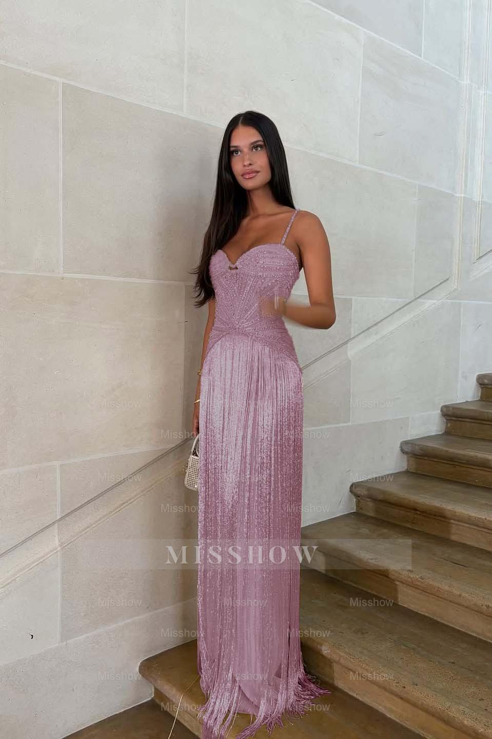 Spaghetti straps Sleeveless Long Formal Dress With Beading Tassel