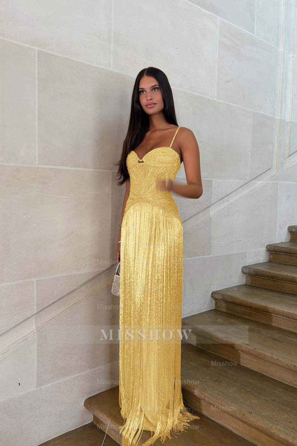 Spaghetti straps Sleeveless Long Formal Dress With Beading Tassel