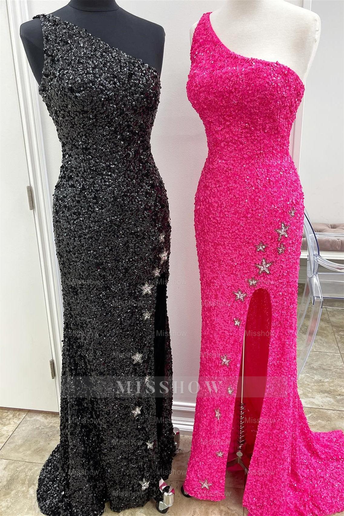 Sparkle Black Sequins One Shoulder Sleeveless Mermaid Formal Dress With Split