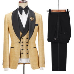 Sparkling Golden Shawl Lapel Three-Piece Men’s Wedding Suit