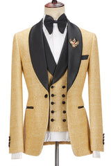 Sparkling Golden Shawl Lapel Three-Piece Men’s Wedding Suit