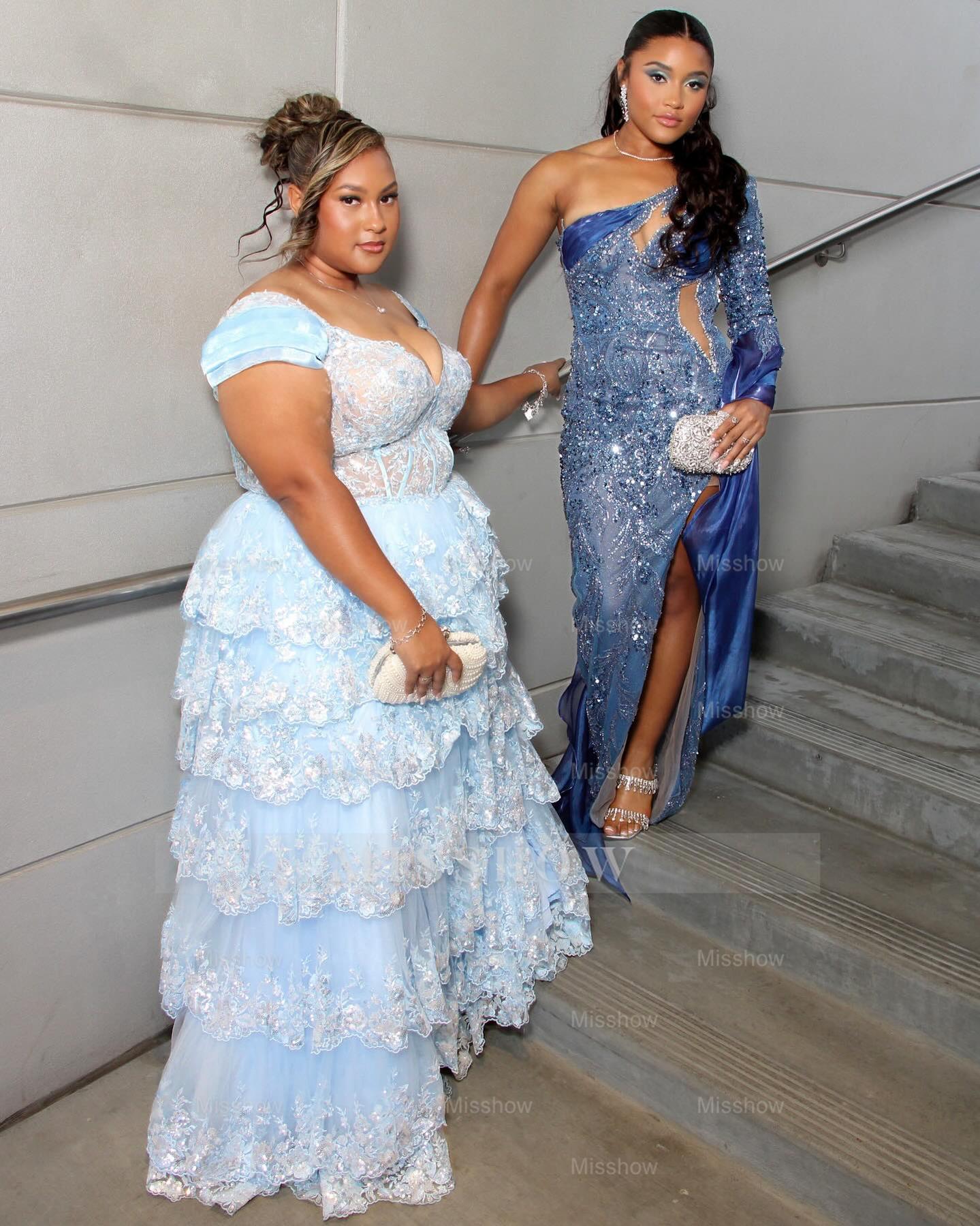 One shoulder split-front mermaid prom dress shown in several colours
