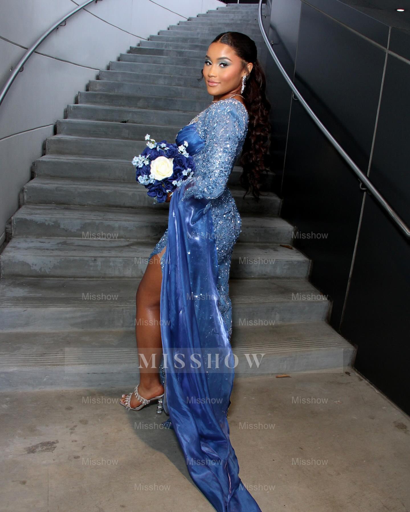 Dusty blue one shoulder split-front mermaid prom dress