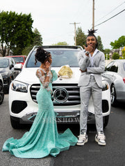 Sparkling Long Mint Green One Shoulder Long-Sleeve Mermaid Prom with Rhinestones and Beadings