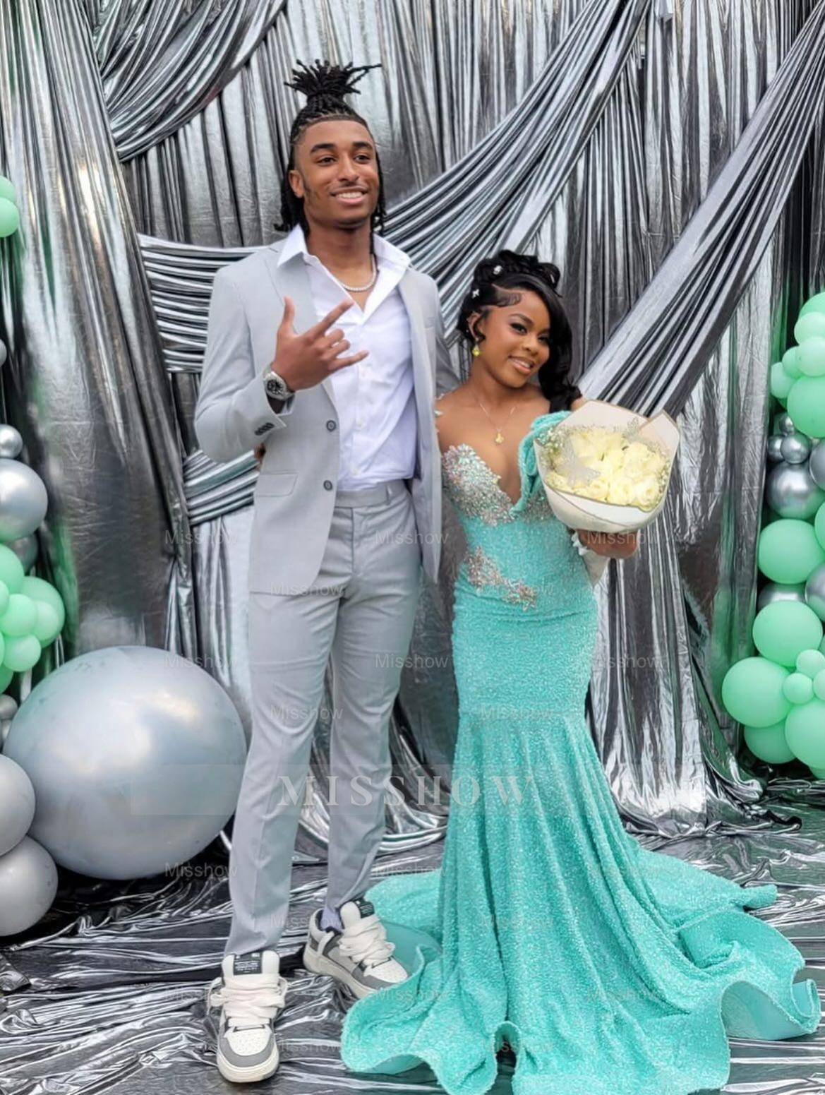 Sparkling Long Mint Green One Shoulder Long-Sleeve Mermaid Prom with Rhinestones and Beadings