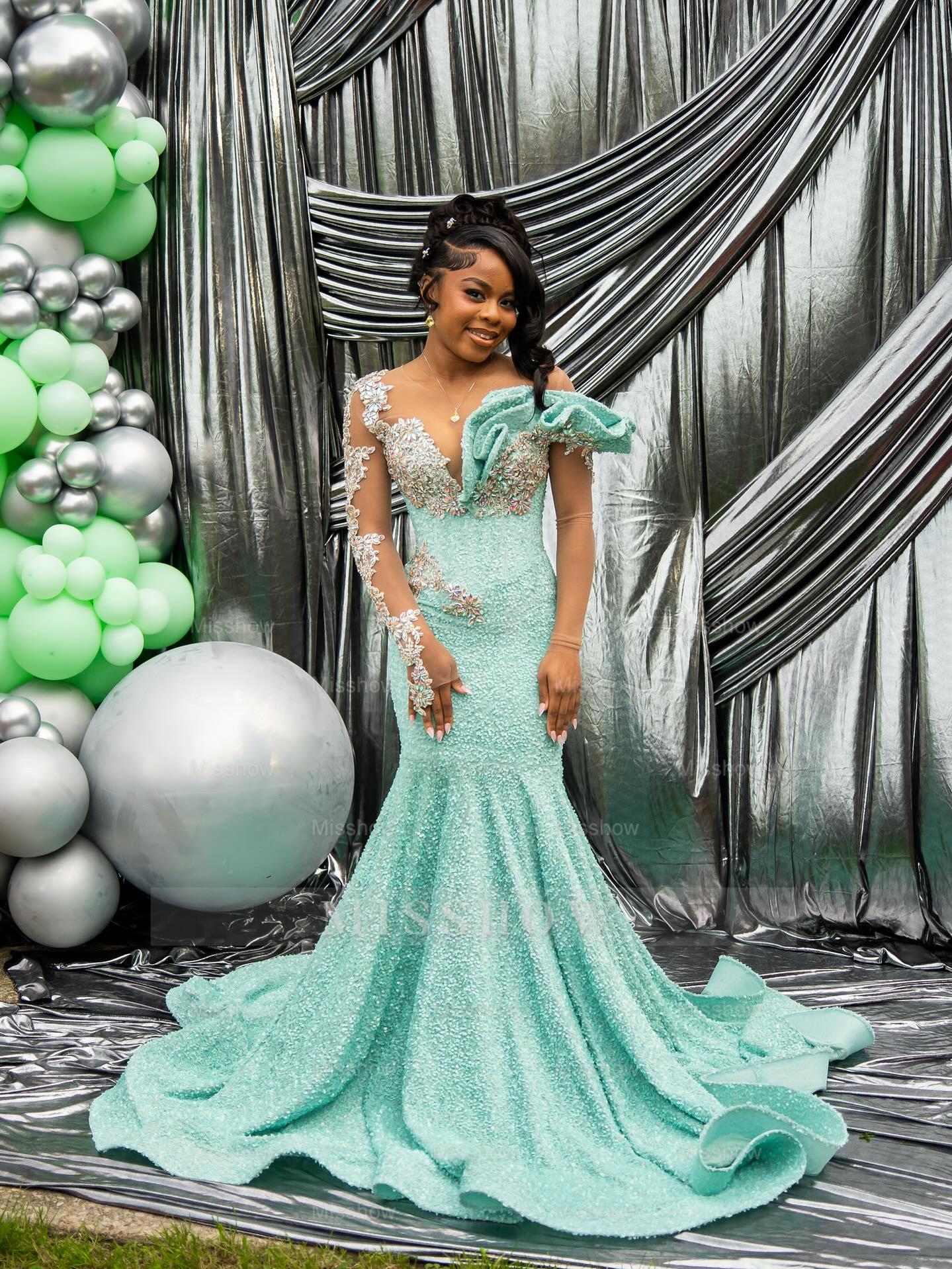 Sparkling Long Mint Green One Shoulder Long-Sleeve Mermaid Prom with Rhinestones and Beadings