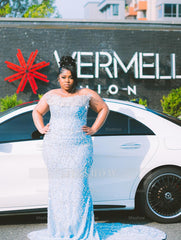 Sparkling Sky Blue Strapless Sleeveless Mermaid Prom Dress with Rhinestones