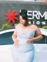 Sparkling Sky Blue Strapless Sleeveless Mermaid Prom Dress with Rhinestones