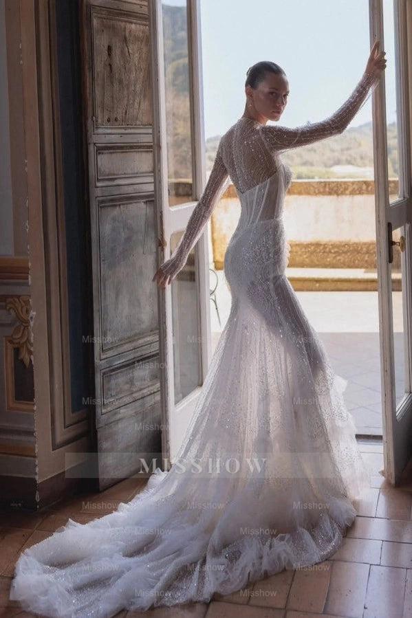 Sparkling White High-Neck Long-Sleeve Mermaid Wedding Dress with Sequins and Beadings