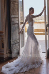 Sparkling White High-Neck Long-Sleeve Mermaid Wedding Dress with Sequins and Beadings