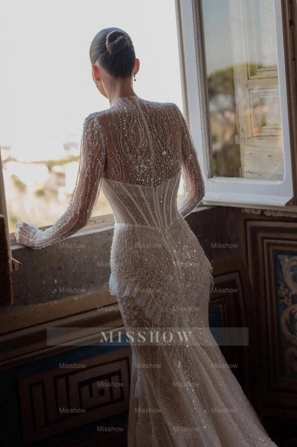 Sparkling White High-Neck Long-Sleeve Mermaid Wedding Dress with Sequins and Beadings