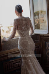 Sparkling White High-Neck Long-Sleeve Mermaid Wedding Dress with Sequins and Beadings