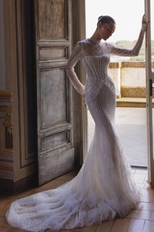 Sparkling White High-Neck Long-Sleeve Mermaid Wedding Dress with Sequins and Beadings