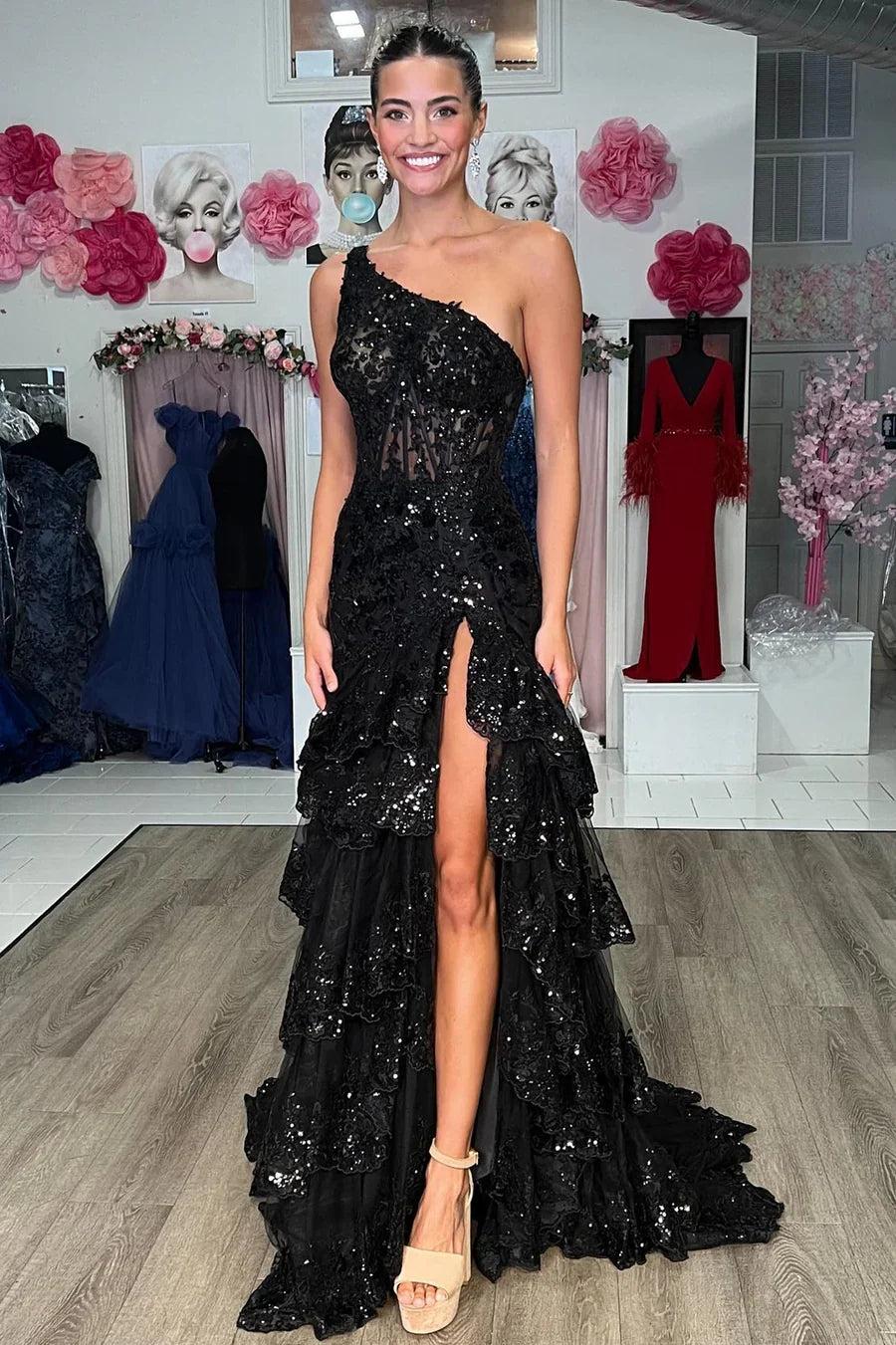 Black one shoulder ruffled A-line prom dress