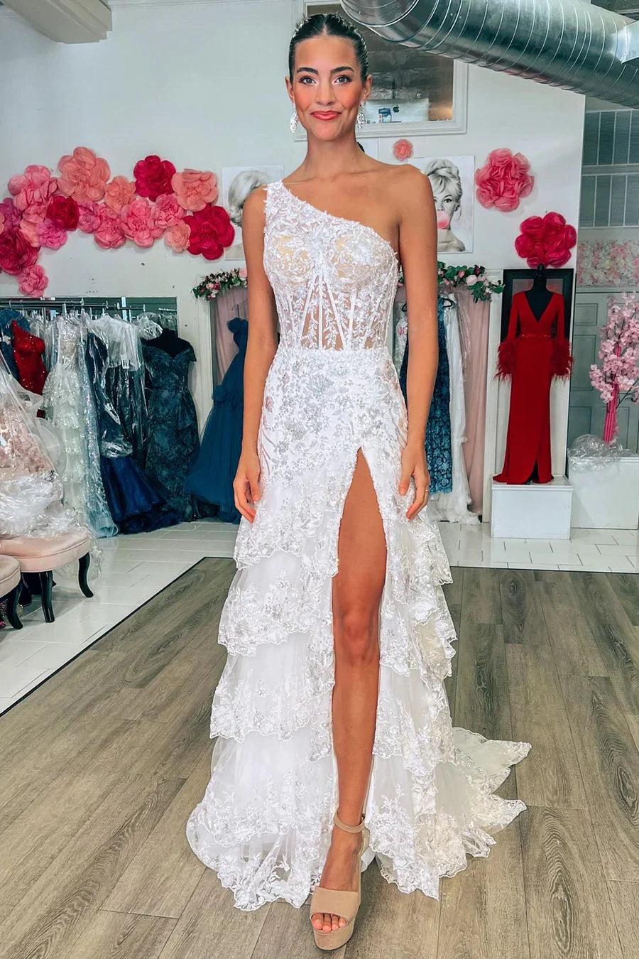 Navy one shoulder ruffled A-line prom dress