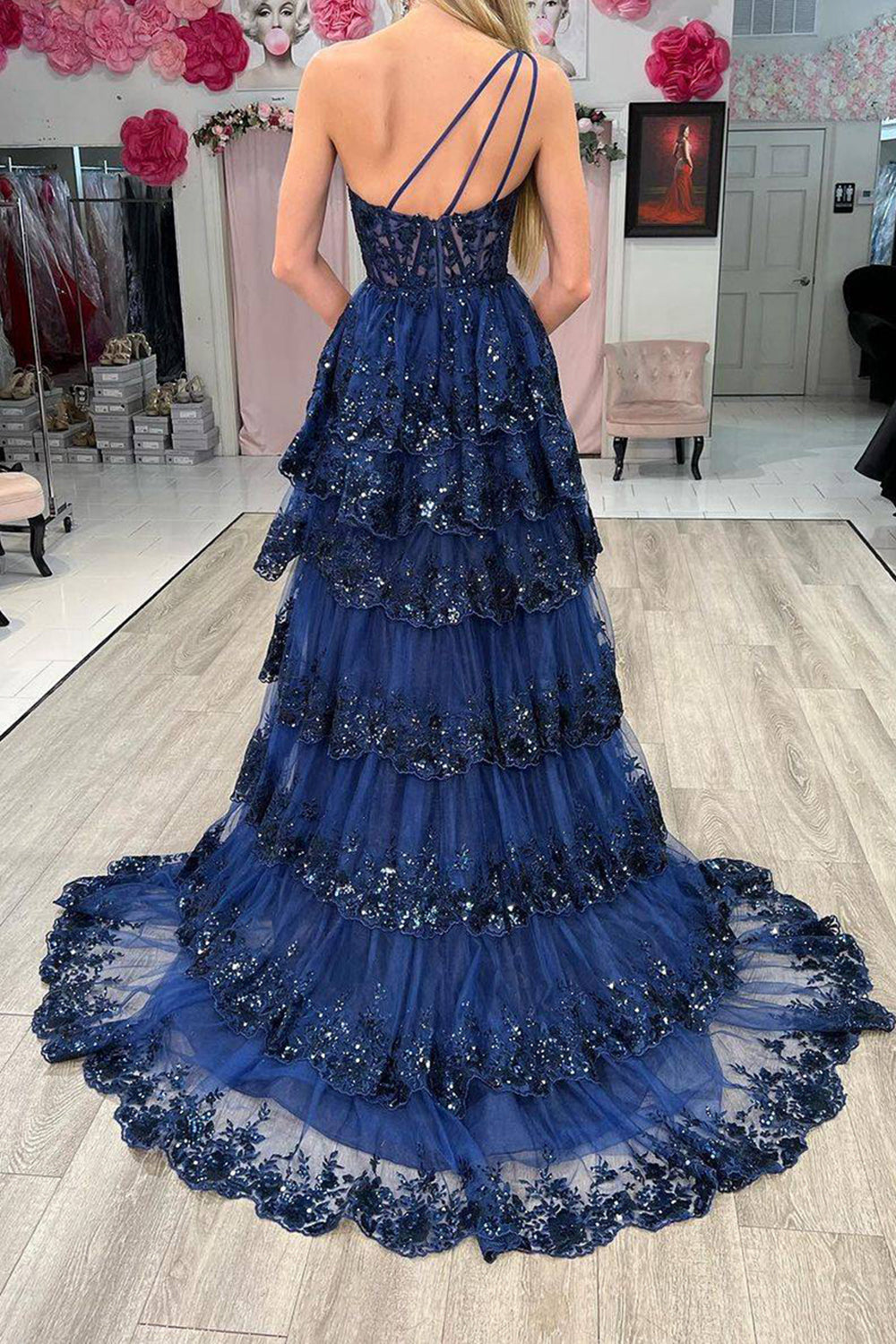Navy one shoulder ruffled A-line prom dress
