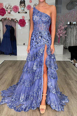 Lilac one shoulder ruffled A-line prom dress