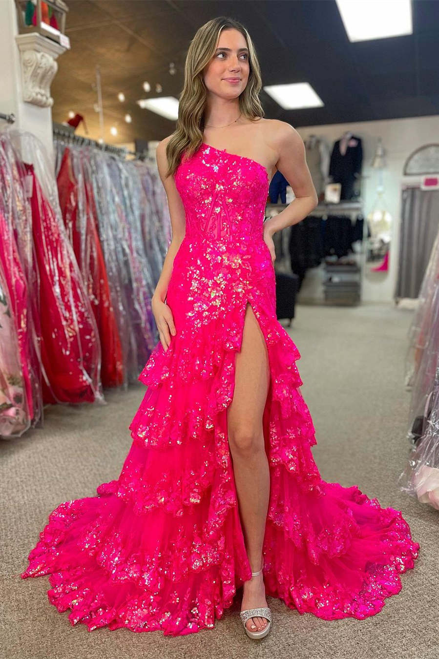 Hot pink one shoulder ruffled A-line prom dress