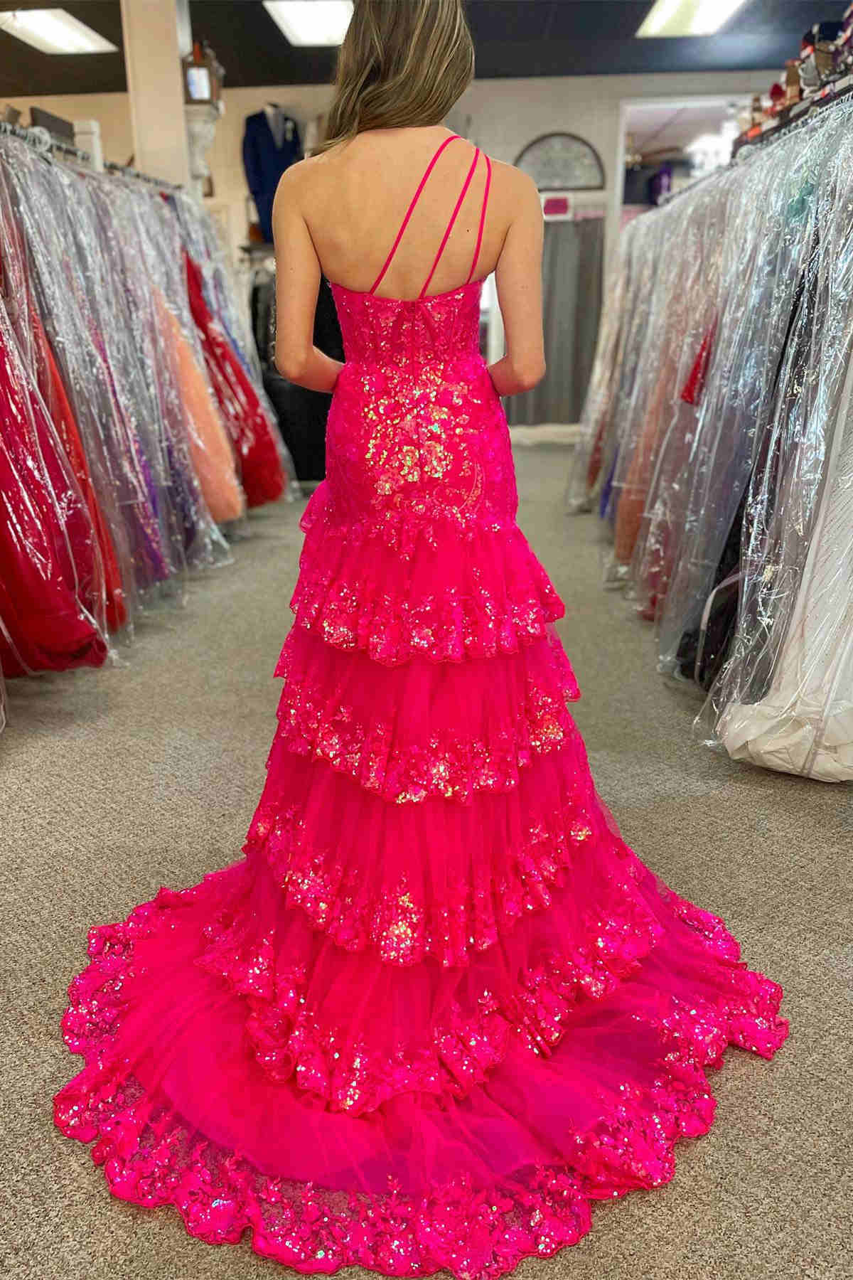 Hot pink one shoulder ruffled A-line prom dress