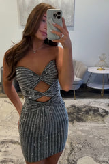 Sparkly Black Cut Out Short Tight Homecoming Dress with Beading