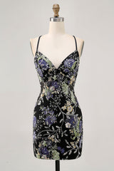 Sparkly Black Floral Short Tight Homecoming Dress with Beading