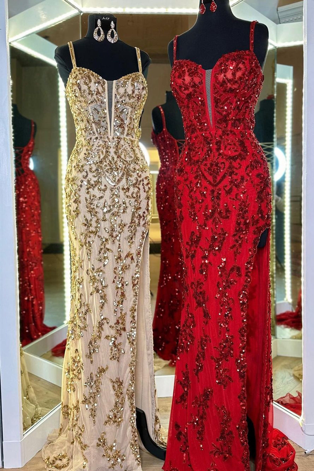 Gold v-neck sequin column prom dress