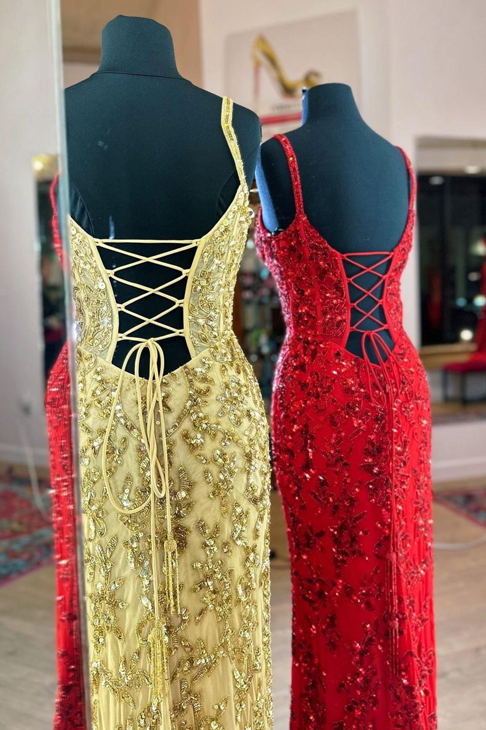 Gold v-neck sequin column prom dress