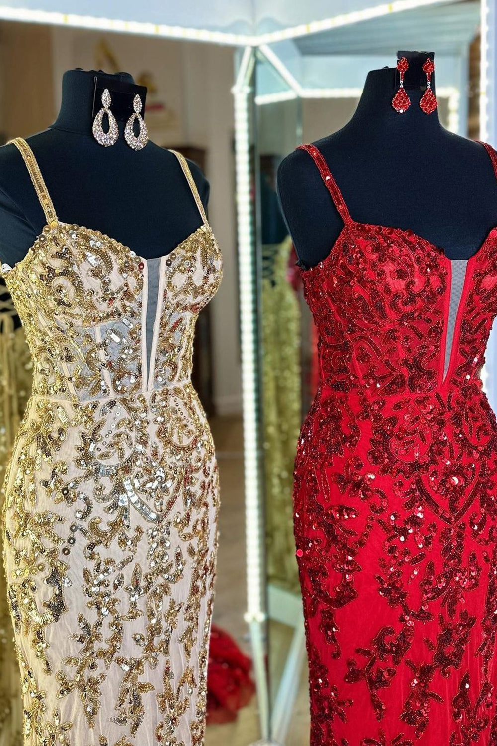 Gold v-neck sequin column prom dress