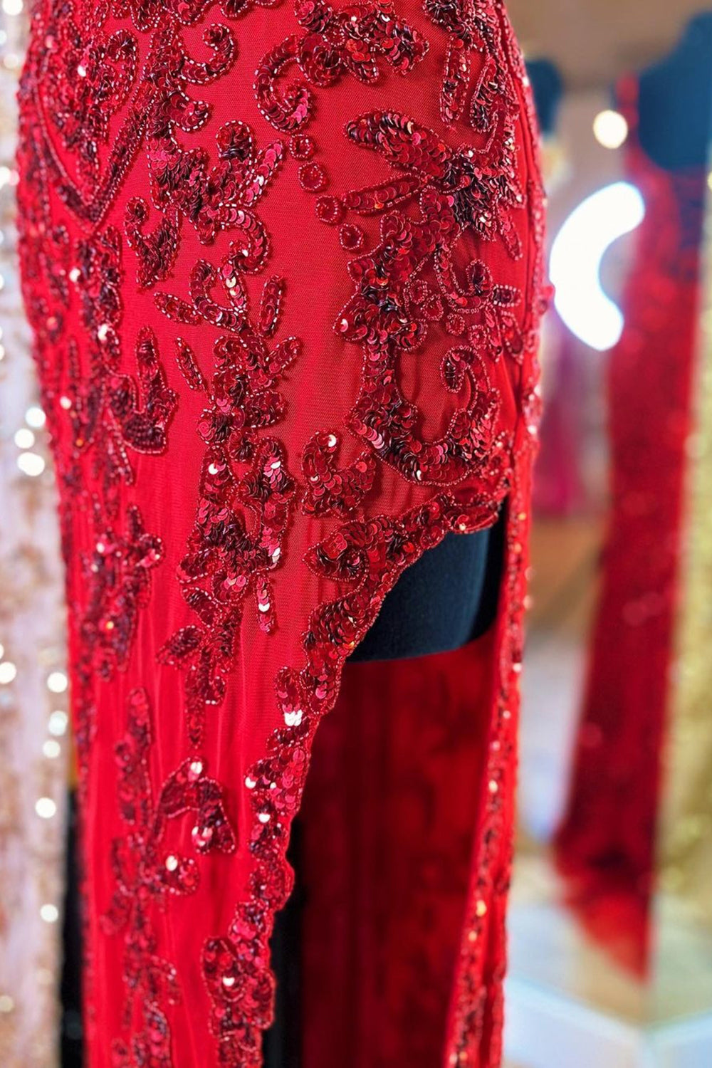 Red v-neck sequin column prom dress