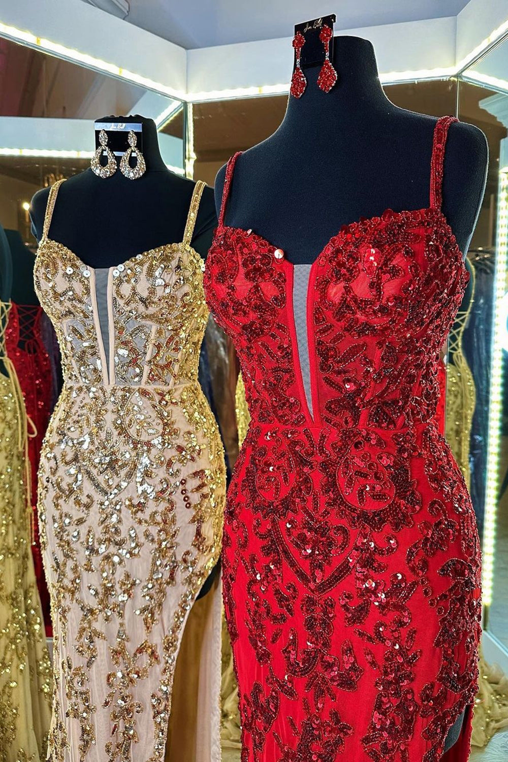 Red v-neck sequin column prom dress