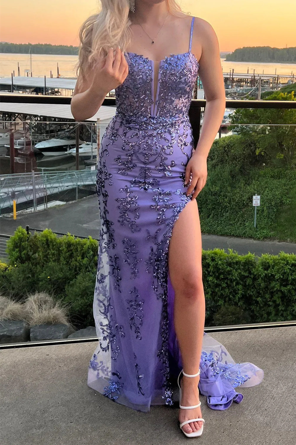 Lilac v-neck sequin column prom dress