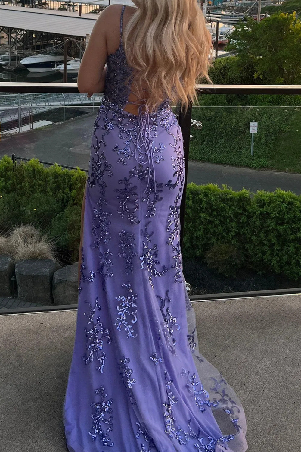 Lilac v-neck sequin column prom dress