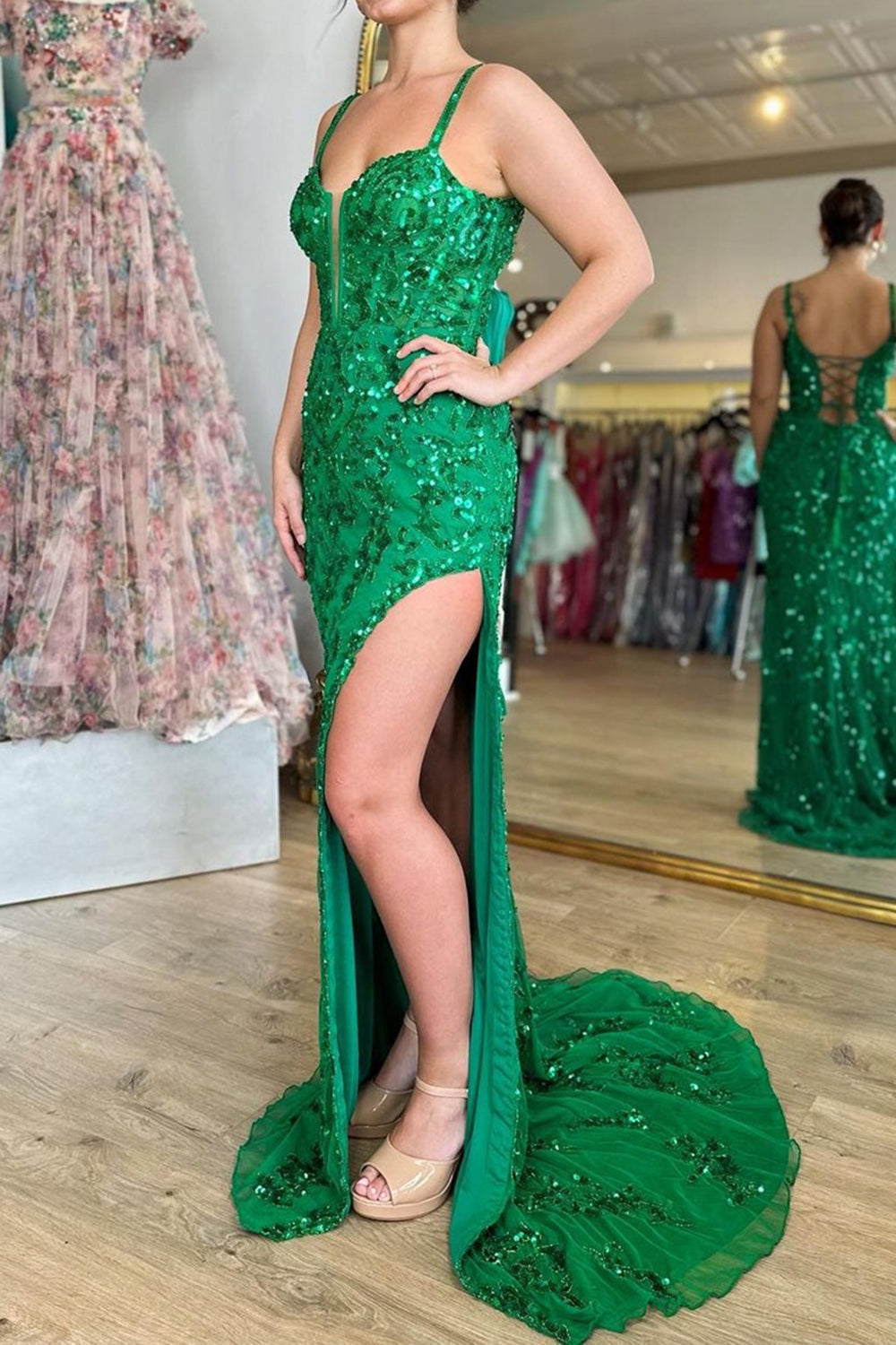 Green v-neck sequin column prom dress