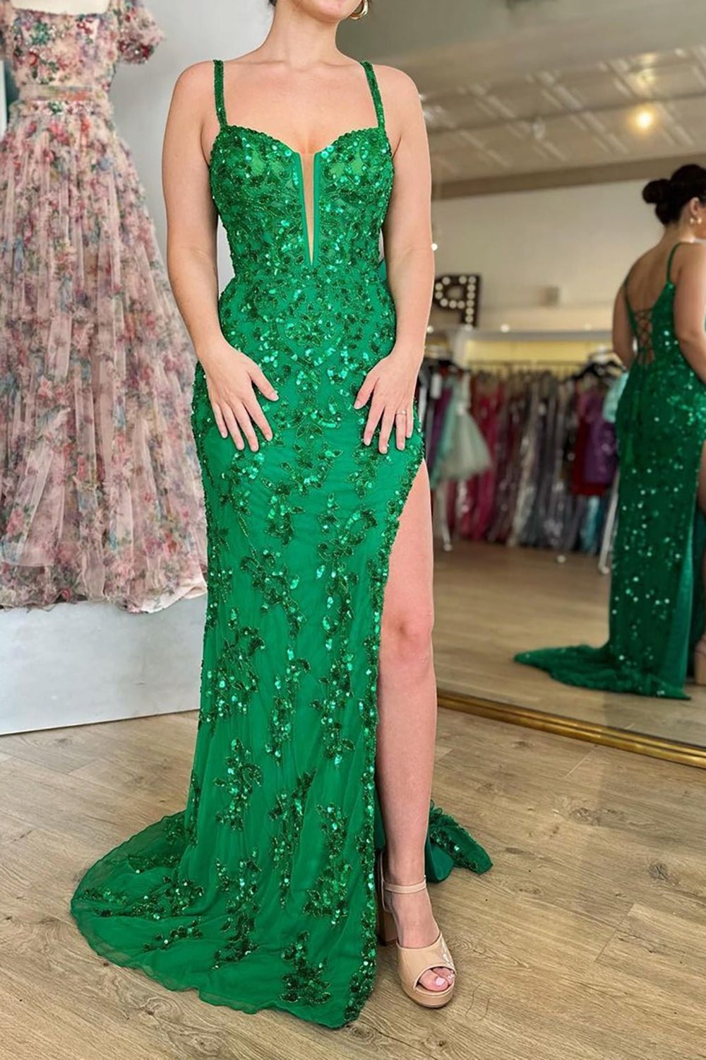Blue v-neck sequin column prom dress