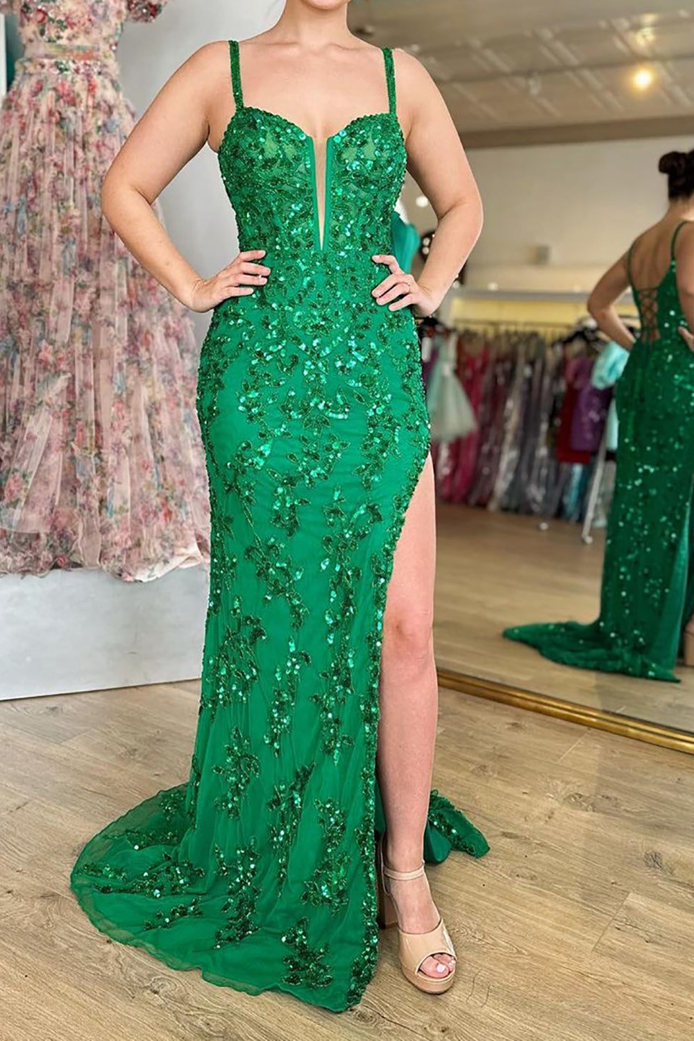 Green v-neck sequin column prom dress