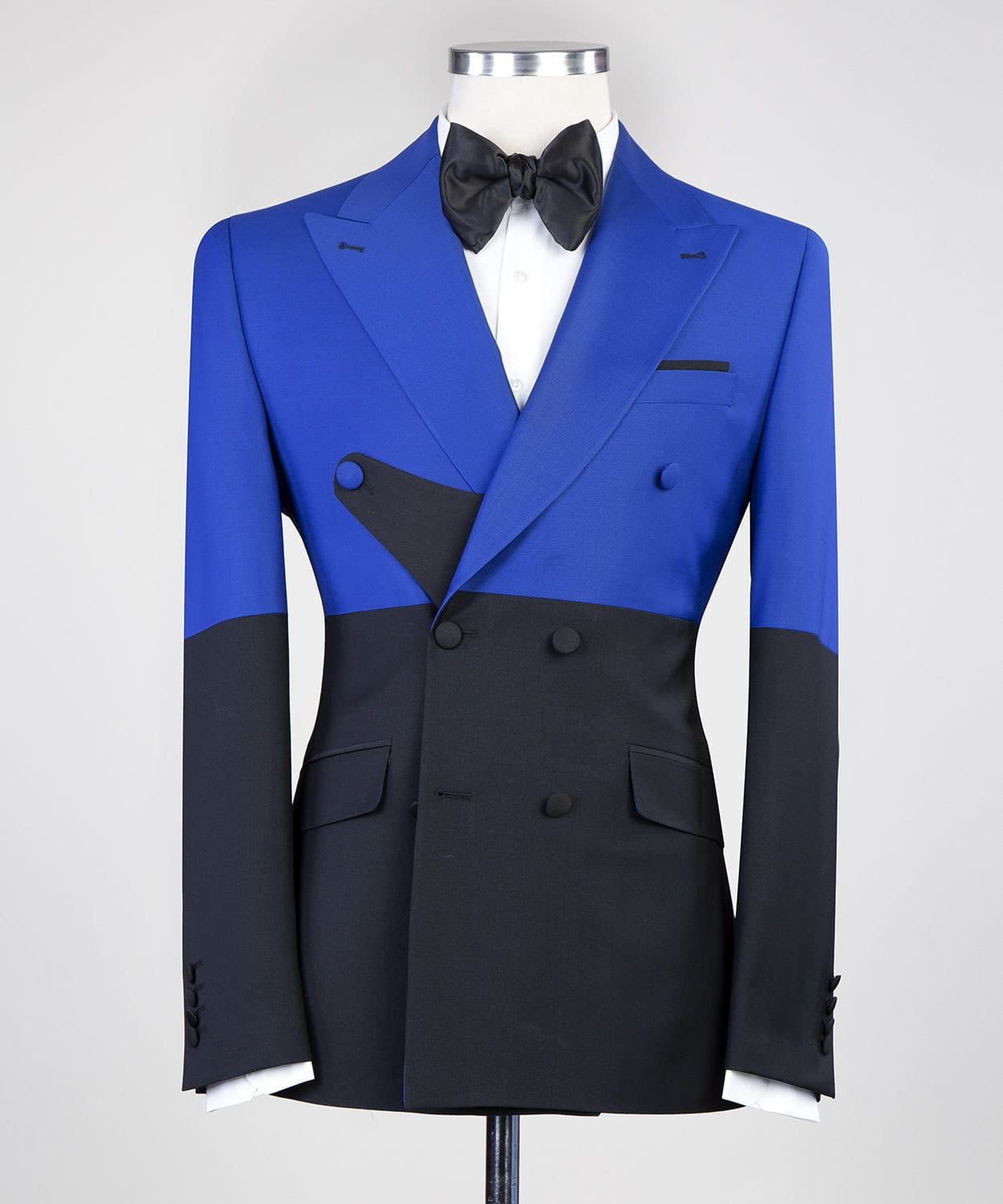 Sparkly Blue and Black Double-Breasted Peaked Lapel Prom Suit