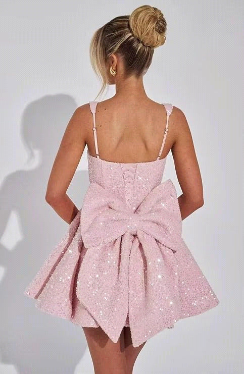 Sparkly Blush Pink A Line Square Neck Short Homecoming Dress with Bow