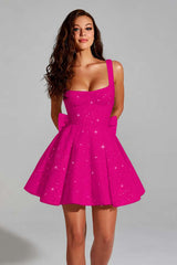Sparkly Blush Pink A Line Square Neck Short Homecoming Dress with Bow