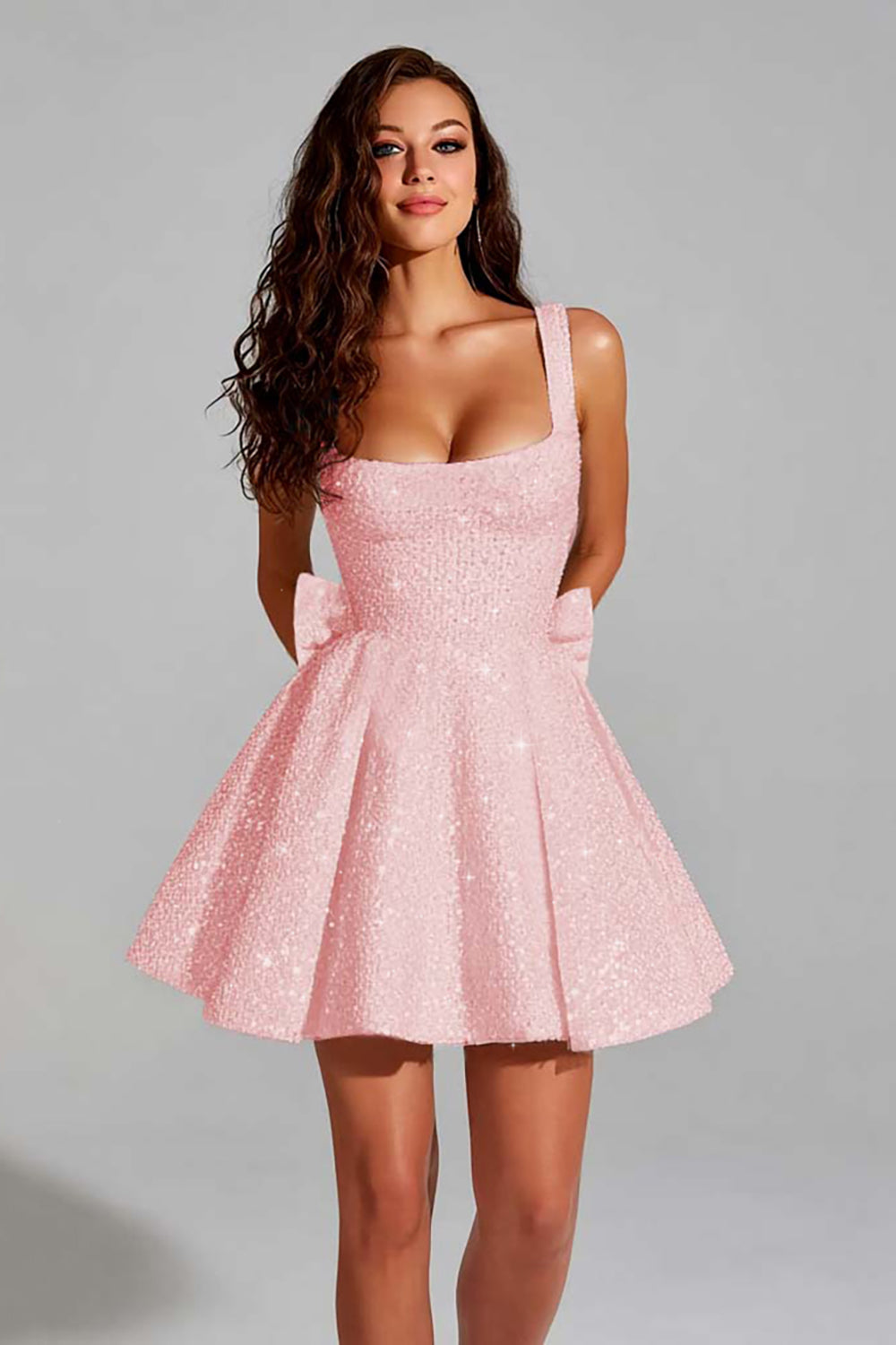 Sparkly Blush Pink A Line Square Neck Short Homecoming Dress with Bow