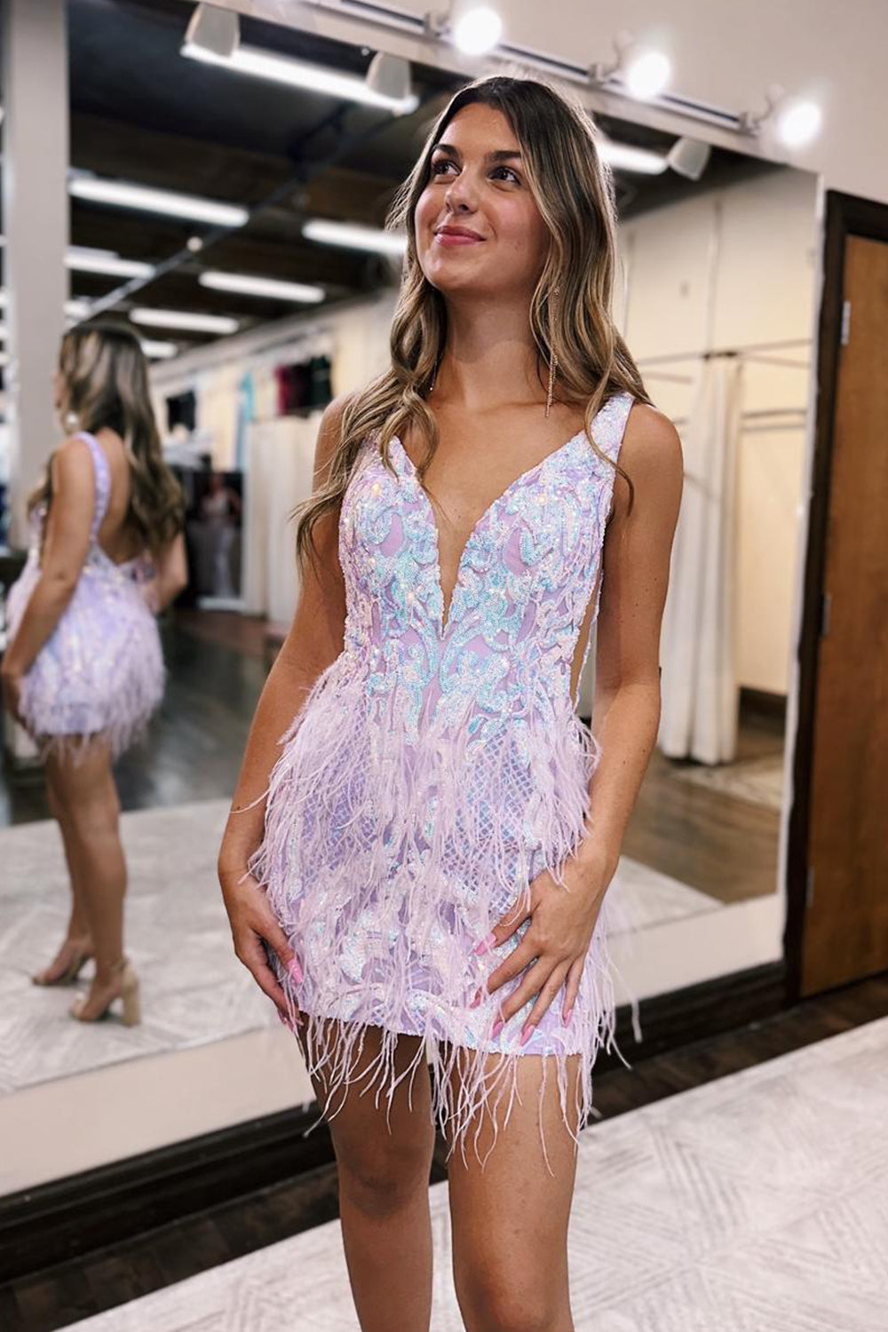 Sparkly Bodycon Deep V Neck Blue Sequined Short Homecoming Dress with Feathers