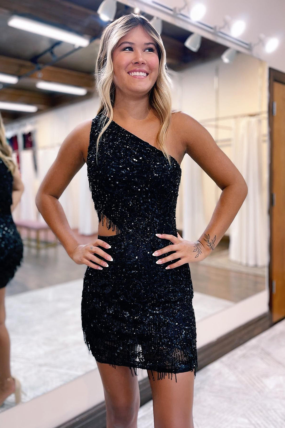 short black one shoulder sequin dress Cute One Shoulder Black Sequins Short Homecoming Dresses with Slit AB0