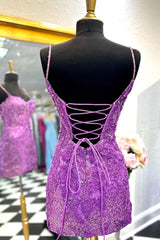 Sparkly Bodycon Spaghetti Straps Purple Corset Homecoming Dress with Appliques