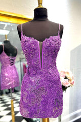 Sparkly Bodycon Spaghetti Straps Purple Corset Homecoming Dress with Appliques