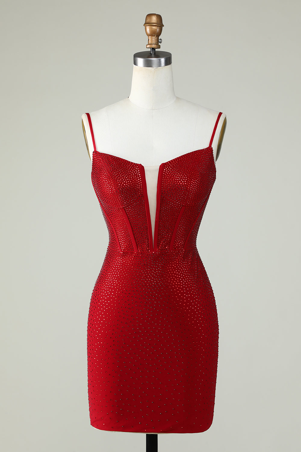 Sparkly Bodycon Spaghetti Straps Red Short Homecoming Dress with Beading