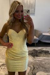 Sparkly Butter Yellow Strapless Ruched Short Bodycon Homecoming Dress with Beading