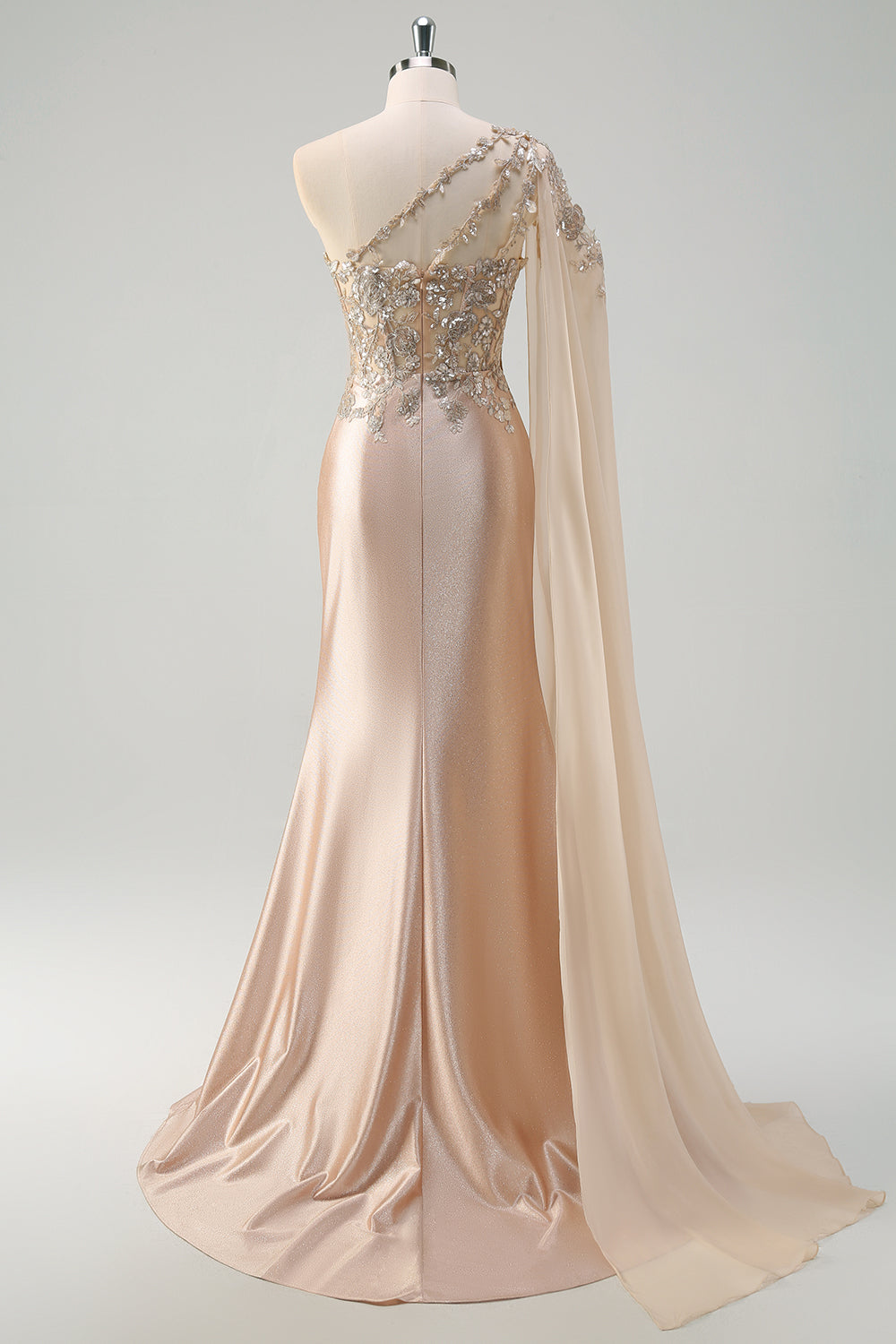 Champagne one shoulder applique mermaid prom dress
